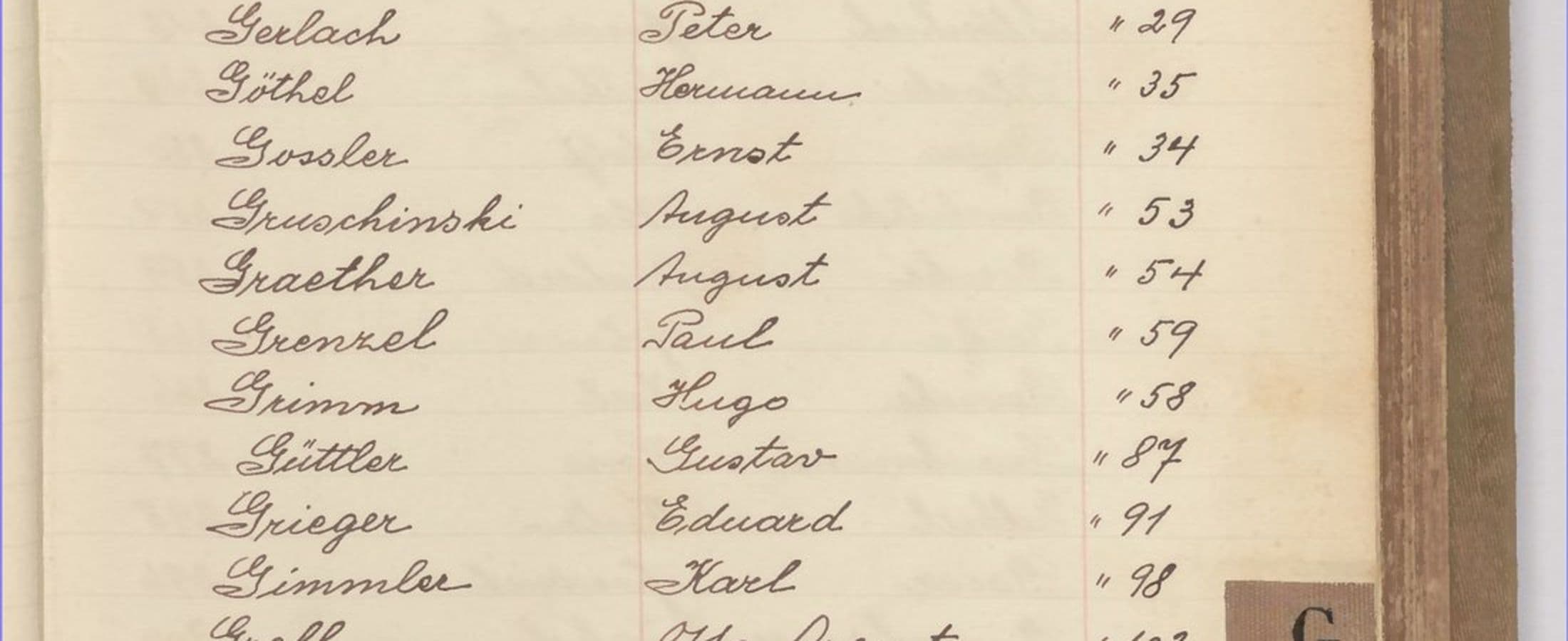 Índice manuscrito de sobrenomes alemães em um livro de matrícula consular
