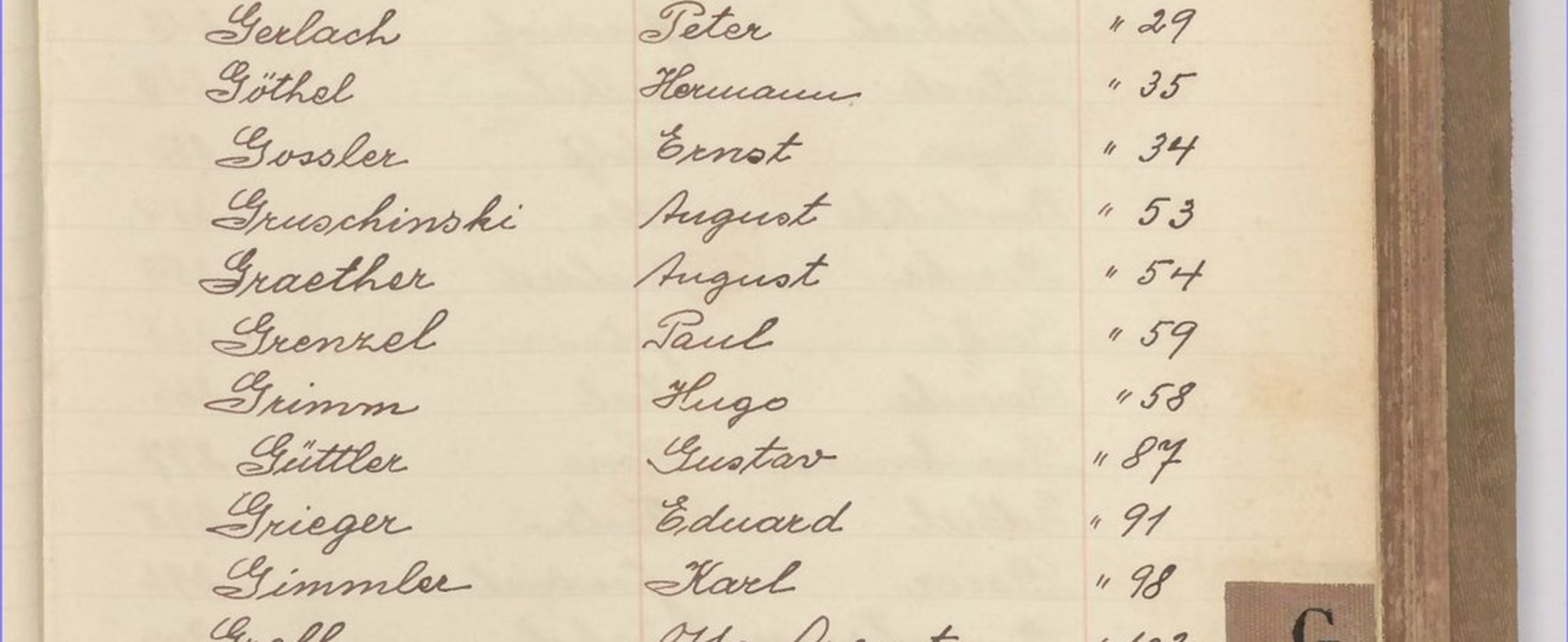 Índice manuscrito de sobrenomes alemães em um livro de matrícula consular