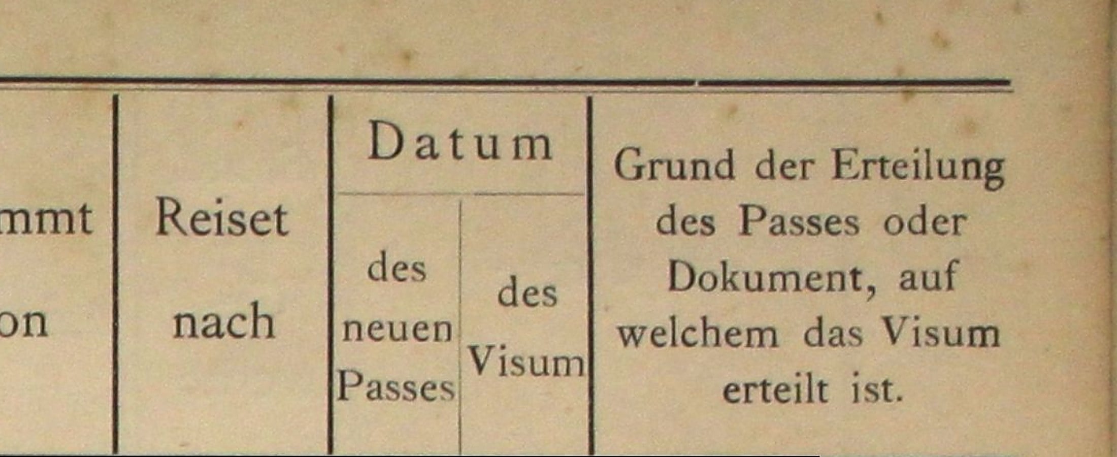 Colunas impressas de um livro de Paßregister consular alemão de 1921, com os campos Reiset nach, Datum des neuen Passes e Grund der Erteilung des Passes