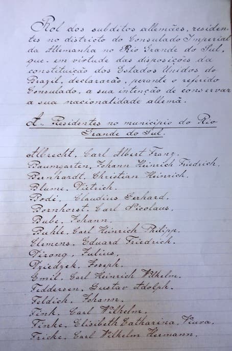 Página manuscrita do Rol dos Súditos Alemães do Consulado Imperial da Alemanha em Rio Grande (RS)